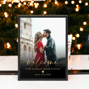 Simple minimalist black gold photo wedding welcome poster