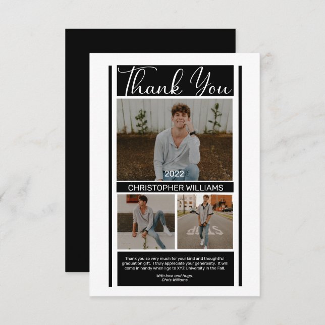 Simple Minimalist Black White Graduation Thank You (Front/Back)