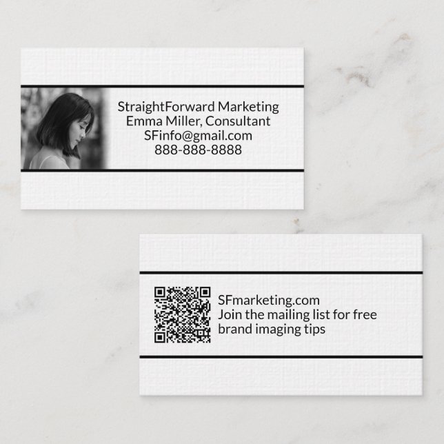 Simple Minimalist Black & White Photo Logo QR Code Business Card (Front/Back)