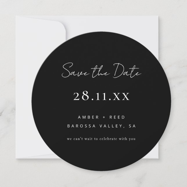Simple Minimalist Black & White Round Circle Save The Date (Front)