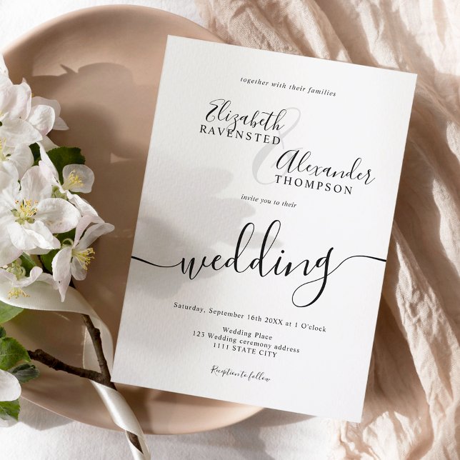 Simple minimalist black white script chic wedding invitation (Creator Uploaded)