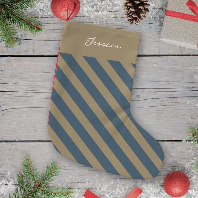 Simple Minimalist Blue and Beige Striped Small Christmas Stocking (Creator Uploaded)