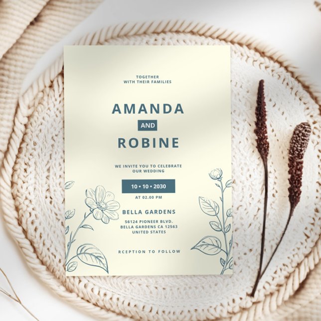 Simple Minimalist Blue Floral Wedding Invitation (Creator Uploaded)