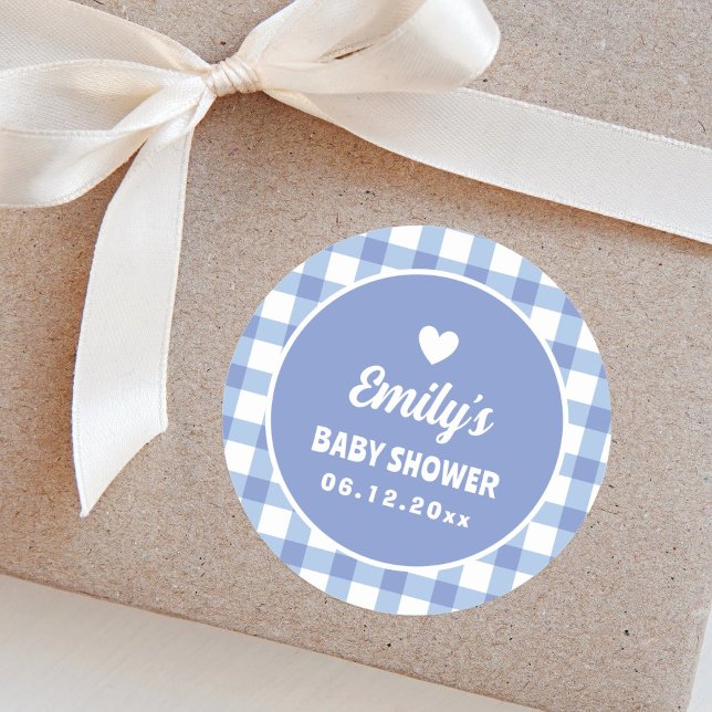 Simple Minimalist Blue Gingham Boy Baby Shower Classic Round Sticker (Creator Uploaded)