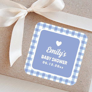 Simple Minimalist Blue Gingham Boy Baby Shower Square Sticker