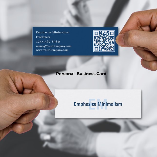 Simple Minimalist Blue & White Initials Mini Business Card (Simple Minimalist Blue & White Initials Mini Business Card with QR code)