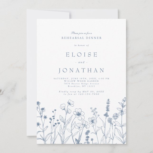Simple Minimalist Blue Wildflower Rehearsal Dinner Invitation (Front)