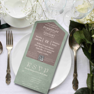 Simple Minimalist Brown Sage Green QR Code  All In One Invitation