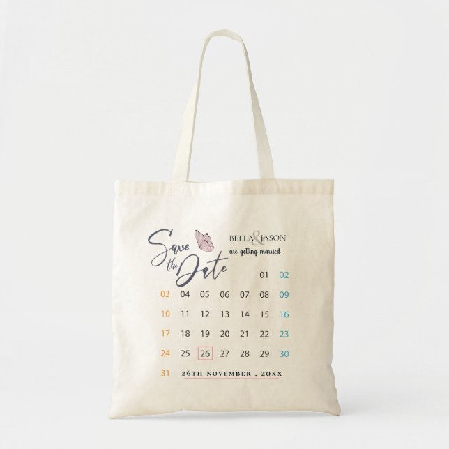Simple Minimalist Calendar Wedding Save The Date Tote Bag (Front)