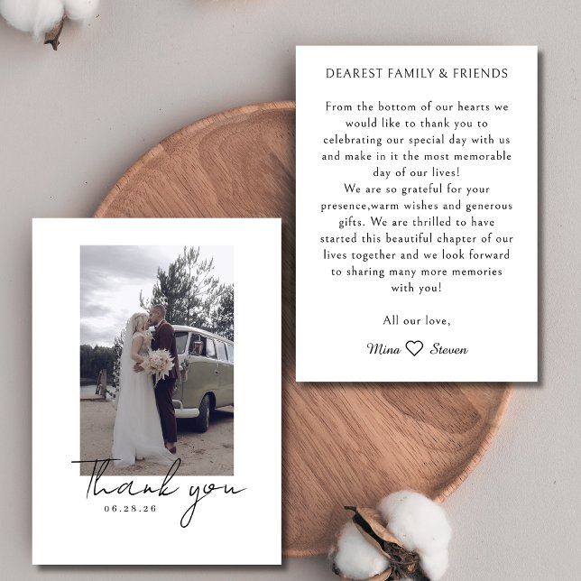 Simple minimalist calligraphy script photo wedding thank you card (Creator Uploaded)