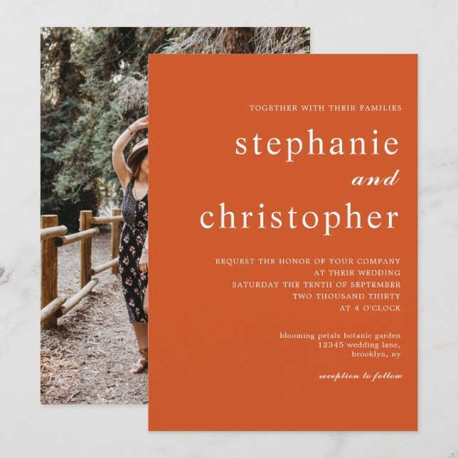 Simple Minimalist Chic Script Coral Photo Wedding Invitation (Front/Back)