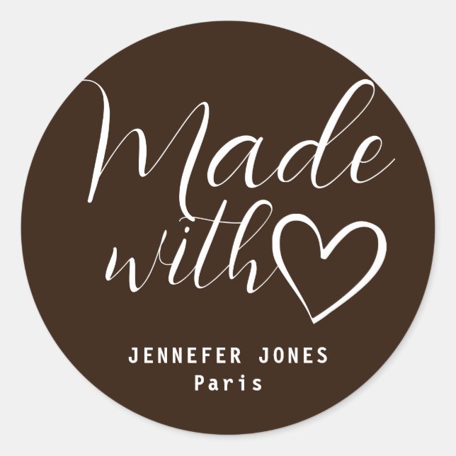 Simple Minimalist Chocolate Made With Love Heart Classic Round Sticker (Front)