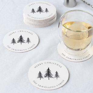 Simple Minimalist Christmas Pine Tree Personalised Round Paper Coaster
