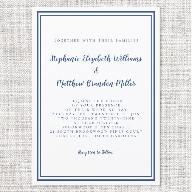 Simple Minimalist Classic Blue White Chic Wedding Invitation (Simple Minimalist Classic Navy Blue White Chic Wedding Invitation)