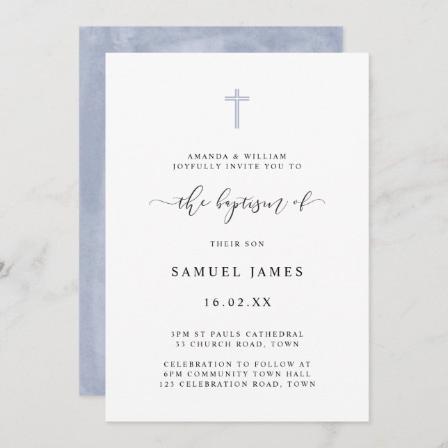 Simple Minimalist Classic Watercolor Blue Baptism Invitation (Front/Back)