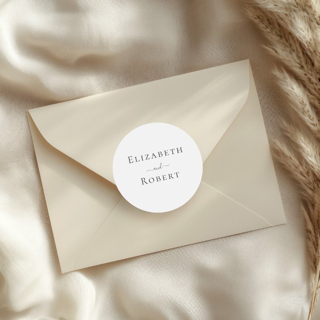 Simple Minimalist Couple Names Wedding Classic Round Sticker (Simple Minimalist Couple Names Wedding Classic Round Sticker on a small envelope.)