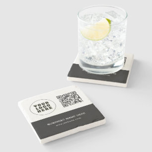 Simple Minimalist Custom Logo Text & QR Code Stone Coaster