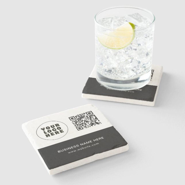 Simple Minimalist Custom Logo Text & QR Code Stone Coaster (Side)