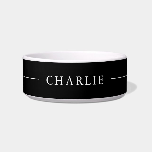 Simple Minimalist Custom Name Black White Pet Bowl (Front)