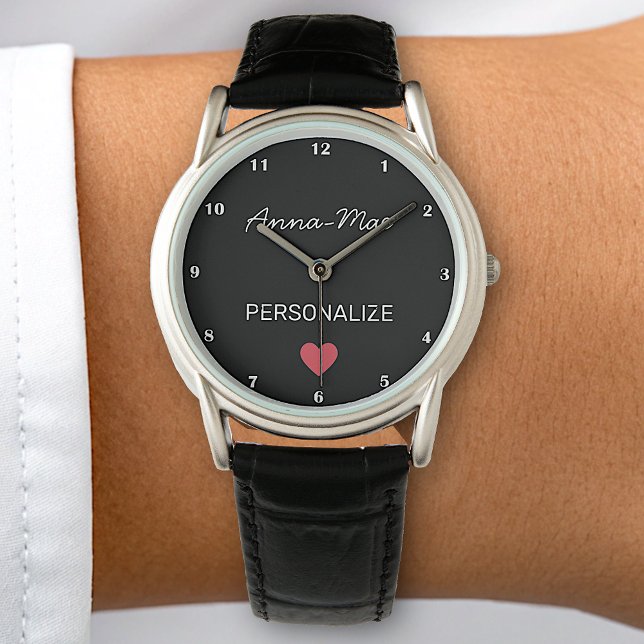 Simple Minimalist Custom Name Red Heart Black Cute Watch (Creator Uploaded)
