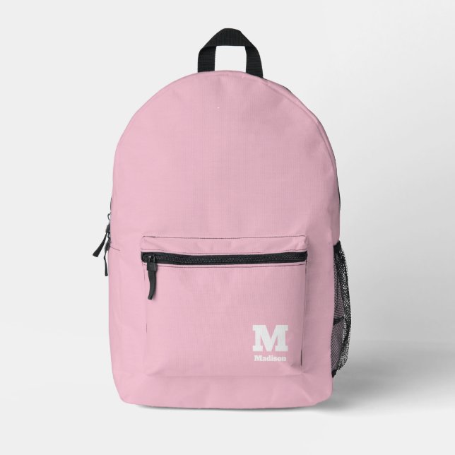 Simple Minimalist Cute Girly Pink Monogram Name Printed Backpack (Front)