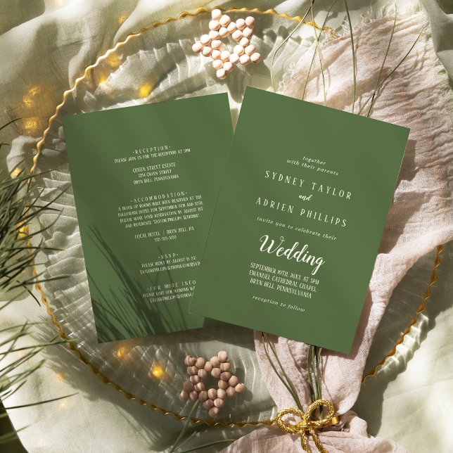 Simple Minimalist|Dark Sage Front and Back Wedding Invitation (Creator Uploaded)