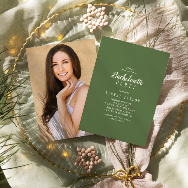 Simple Minimalist|Dark Sage Photo Bachelorette Invitation (Creator Uploaded)