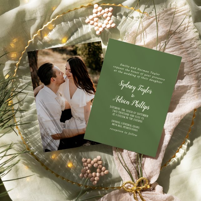 Simple Minimalist|Dark Sage Photo Formal Wedding Invitation (Creator Uploaded)
