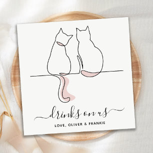 Simple Minimalist Drinks On Us Custom Cat Wedding Napkin