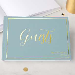 Simple Minimalist Dusty Blue Formal Gold Guest Book