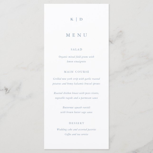Simple Minimalist Dusty Blue Tall Wedding Menu (Front)