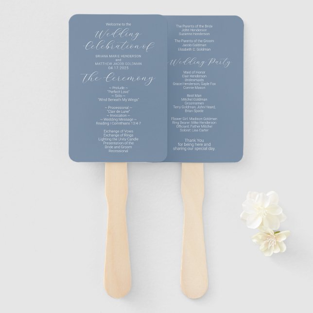 Simple Minimalist Dusty Blue Wedding Program Hand Fan (Front and Back)
