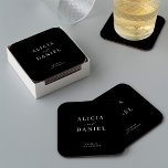 Simple minimalist elegant black wedding square paper coaster<br><div class="desc">Elegant simple minimal black and white wedding paper coaster favour decor featuring a classy stylish chic trendy calligraphy script. Easy to personalise with your details! Suitable for formal black tie neutral weddings. Please note that the background colour can be changed to match your wedding colour scheme. You can change it...</div>