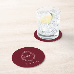 Simple Minimalist elegant burgundy monogram Round Paper Coaster