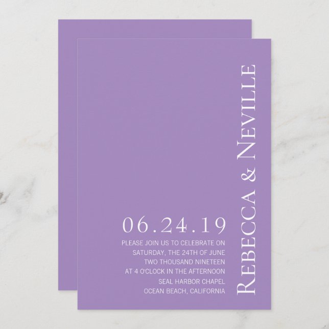Simple Minimalist Elegant Lavender Text Wedding Invitation (Front/Back)