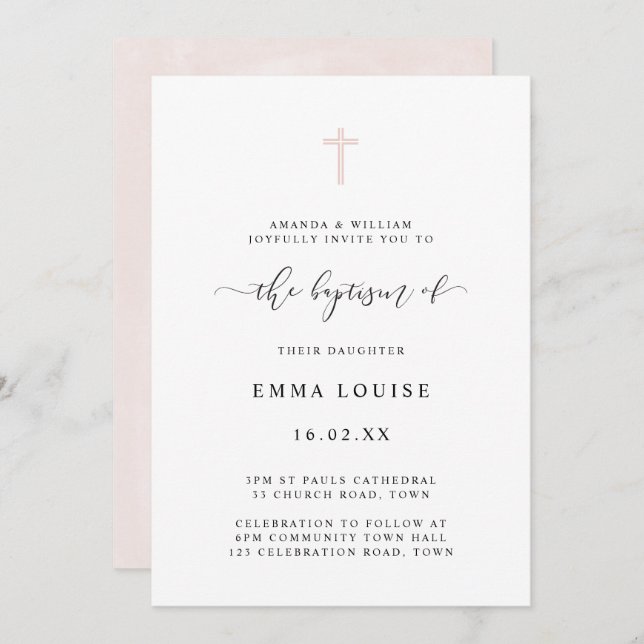 Simple Minimalist Elegant Watercolor Cross Baptism Invitation (Front/Back)