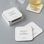 Simple minimalist elegant wedding square paper coaster<br><div class="desc">Elegant simple minimal black and white wedding paper coaster favour decor featuring a classy stylish chic trendy calligraphy script. Easy to personalise with your details! Suitable for formal black tie neutral weddings. Please note that the background colour can be changed to match your wedding colour scheme. You can change it...</div>
