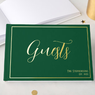 Simple Minimalist Emerald Green Formal Gold Guest Book