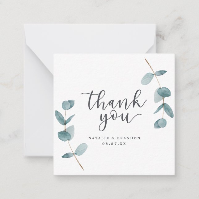 Simple Minimalist Eucalyptus & Script Thank You Card (Front)