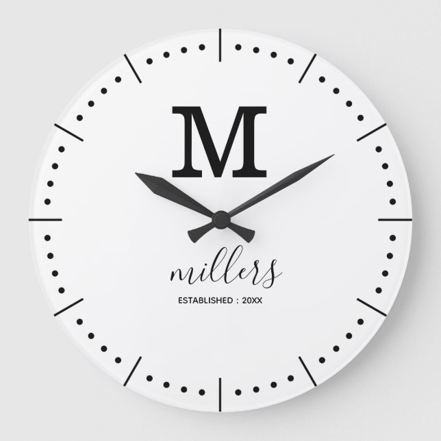 Simple Minimalist Family Name Black White Monogram Large Clock (Front)
