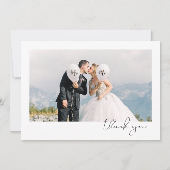 Simple Minimalist Fun Script Font Photo Wedding Thank You Card (Front)