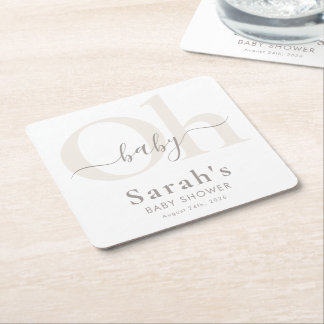 Simple Minimalist Gender Neutral Oh Baby Shower Square Paper Coaster