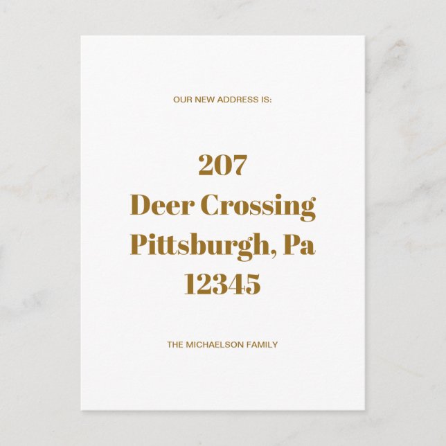 Simple Minimalist Gold New Address Announcement Postcard (Front)