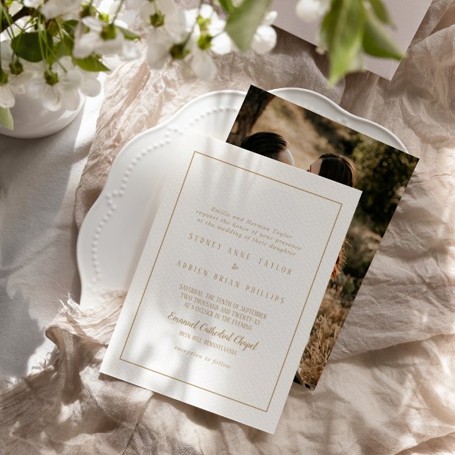 Simple Minimalist|Gold Photo Frame Wedding Invitation (Creator Uploaded)