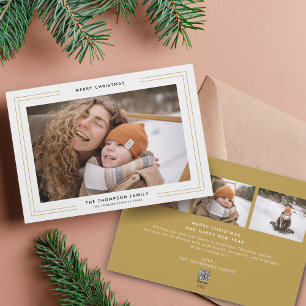 Simple Minimalist Gold Square Border Photo Collage Holiday Card