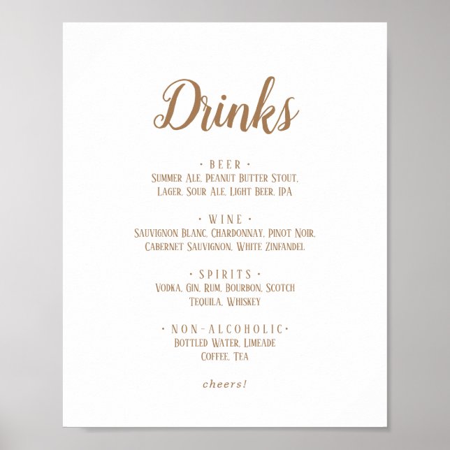 Simple Minimalist|Gold Wedding Drinks Menu Sign (Front)