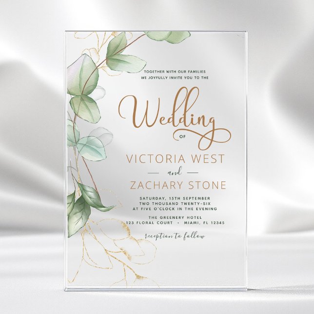 Simple Minimalist Green Leaf Eucalyptus Wedding Acrylic Invitations (Creator Uploaded)