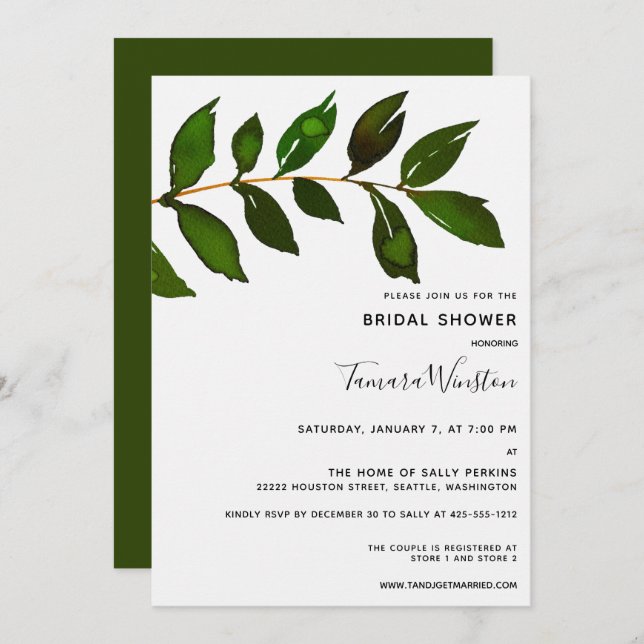 Simple Minimalist Greenery Foliage Bridal Shower Invitation (Front/Back)
