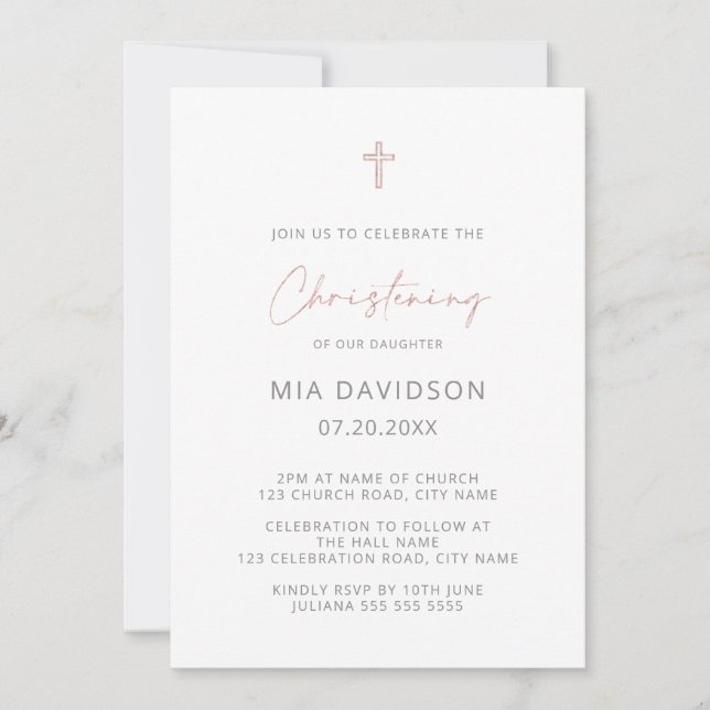 Simple Minimalist Grey Rose Gold Christening  Invitation (Front)