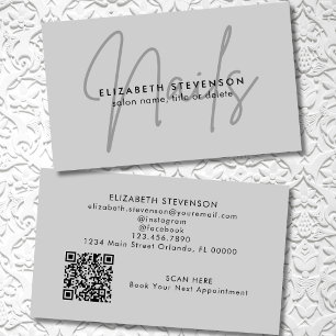 Simple Minimalist Grey Script Nail Artist QR Code Business Card